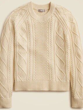 SOLD JCREW Fisherman Cable Knit Sweater Women XL Beige CrewNeck Cotton Preppy